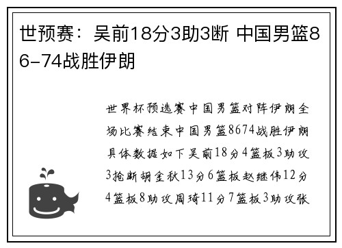 世预赛：吴前18分3助3断 中国男篮86-74战胜伊朗